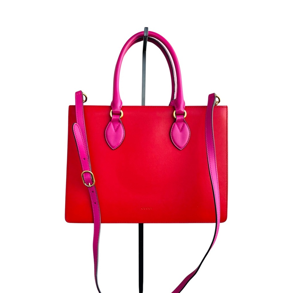 Gucci Red & Pink Colorblock Leather Top Handle Tote w/ Strap